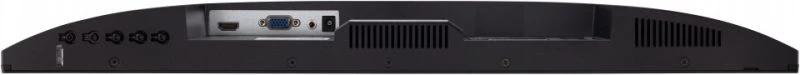 Egy fekete számítógép monitor hátulja HDMI, VGA és egyéb csatlakozókkal.