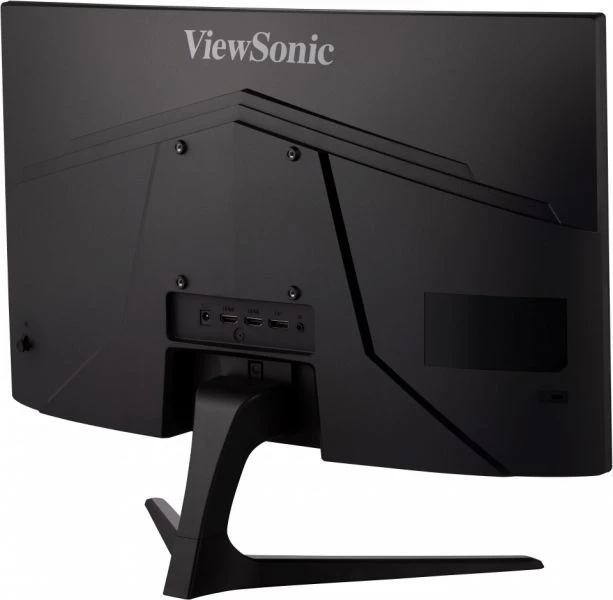 Fekete számítógép monitor hátulja állvánnyal és portokkal. ViewSonic logó látható.