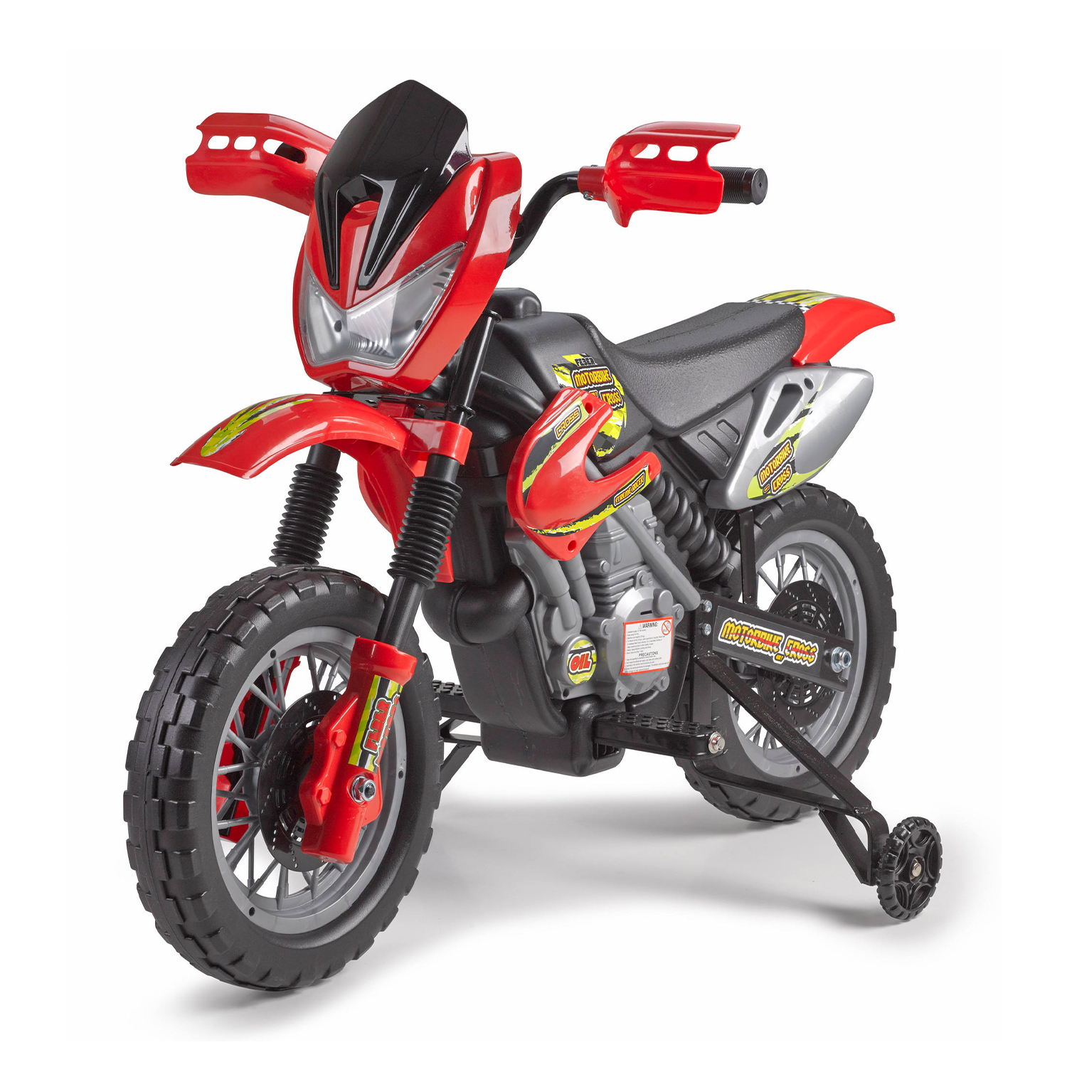 Moto giocattolo rossa con rotelle, pneumatici neri e varie decalcomanie.