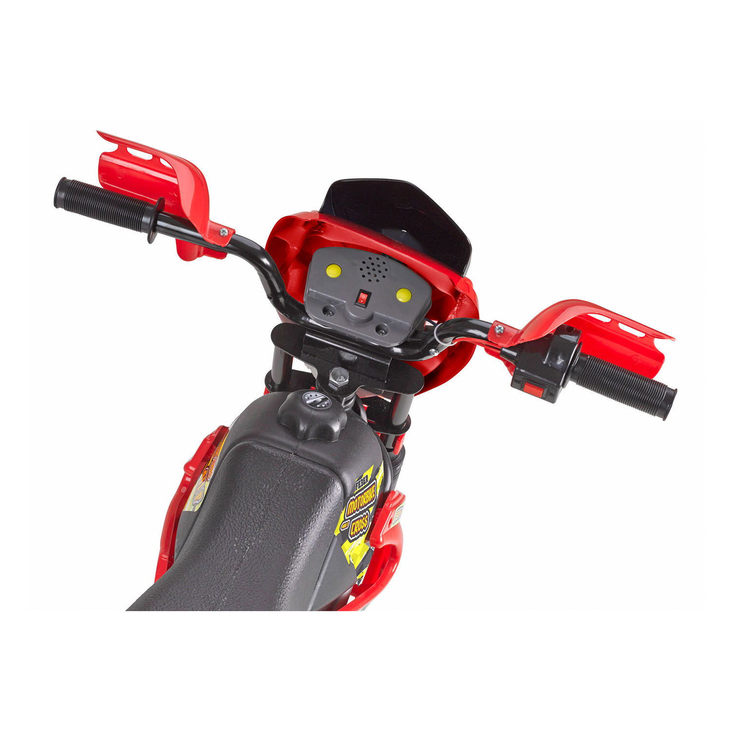 Una moto giocattolo rossa e nera per bambini con manubrio e piccolo parabrezza.