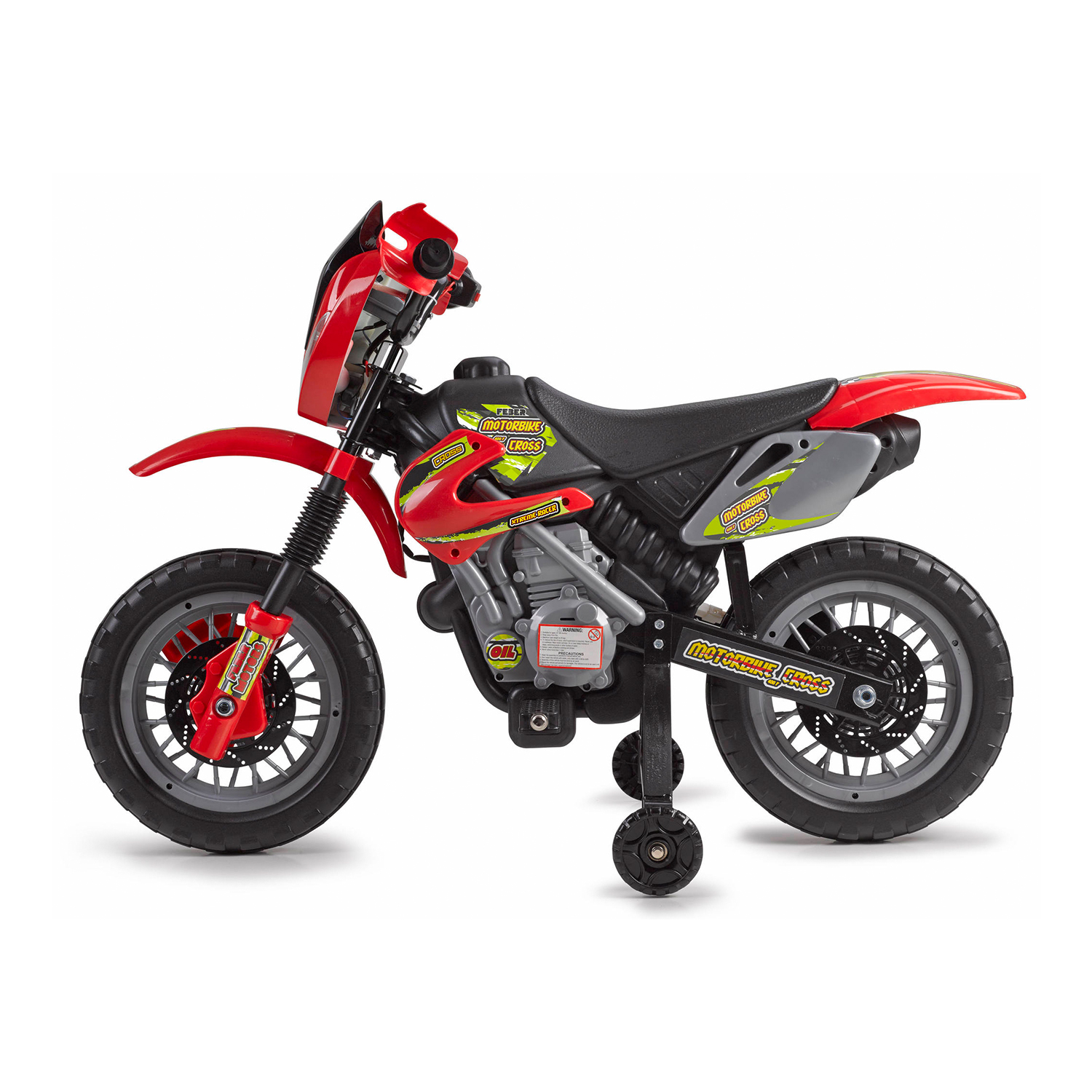 Una moto giocattolo rossa e nera con rotelle, su sfondo bianco.