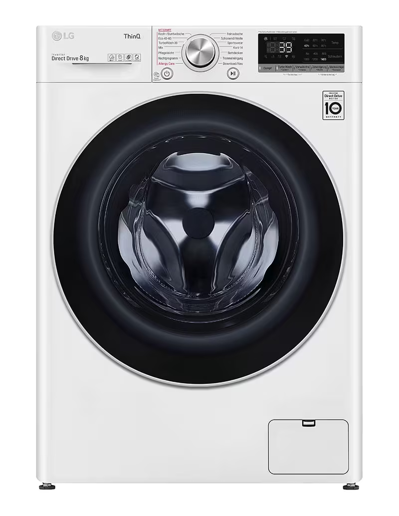 Weiße LG Waschmaschine mit schwarzer Tür und Bedienfeld, isoliert auf Schwarz.