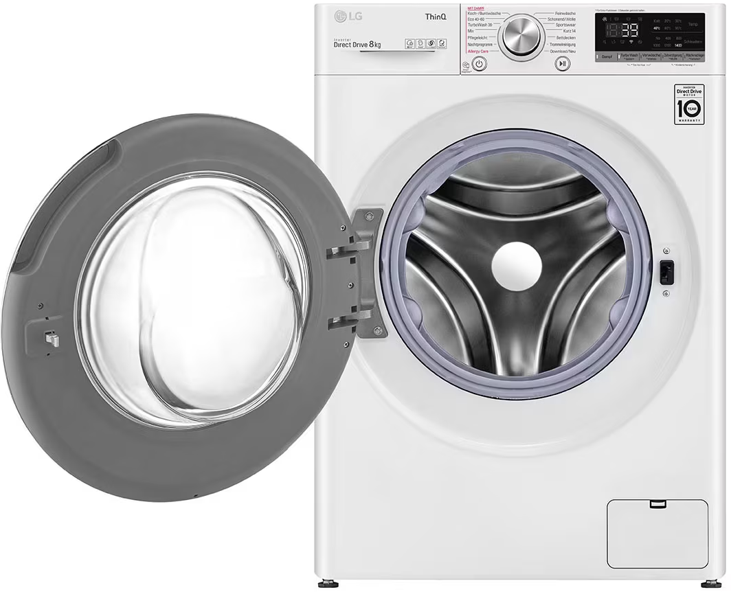 Weiße LG Waschmaschine mit geöffneter Tür, Trommel sichtbar. Weißer Hintergrund.