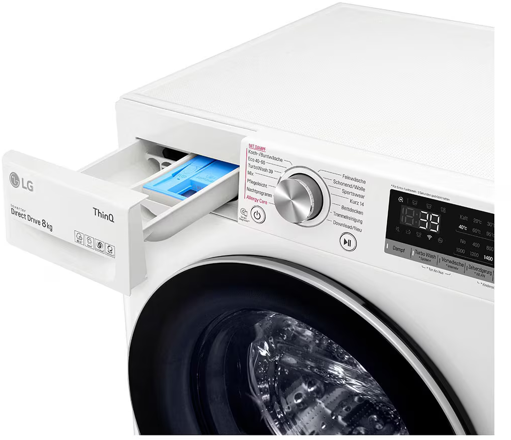 Weiße LG Waschmaschine, Schublade offen, blauer Waschmittelbehälter sichtbar.