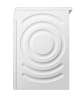 Lavadora blanca con diseño circular en la puerta, vista lateral.