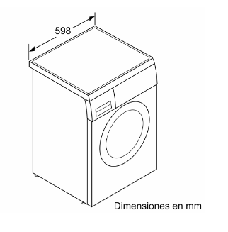Dibujo lineal isométrico de lavadora, dimensiones 598 mm, vista superior, fondo blanco.