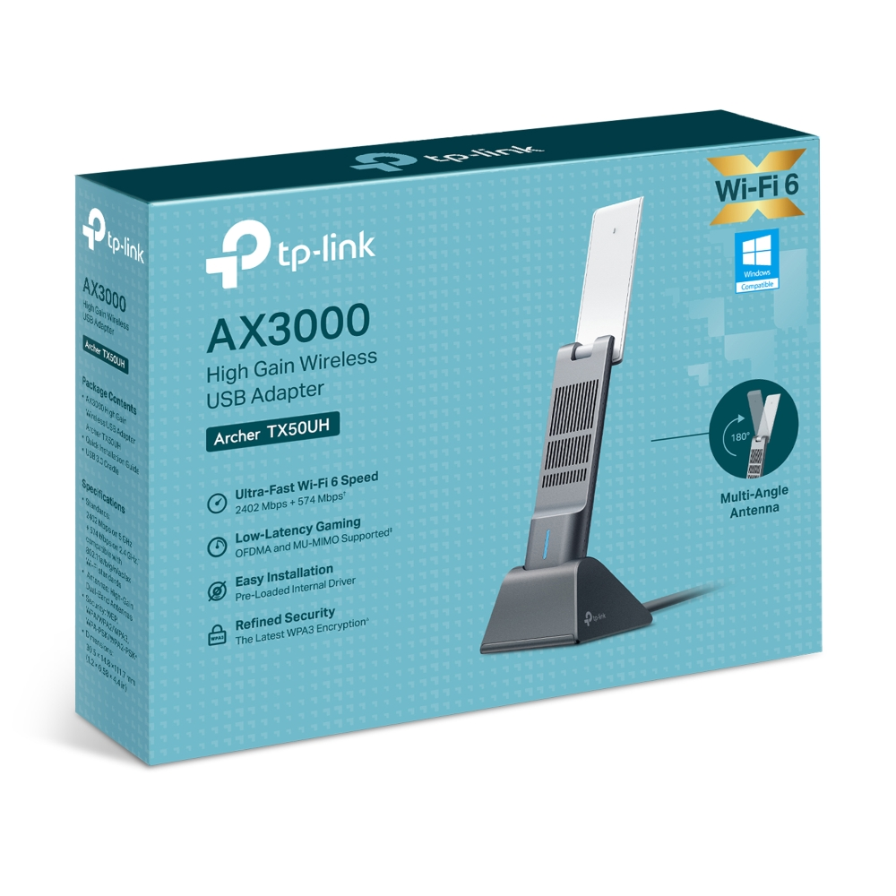 Kablosuz USB adaptörünü gösteren kutu. Wi-Fi 6 logosu ile beyaz ve mavi.