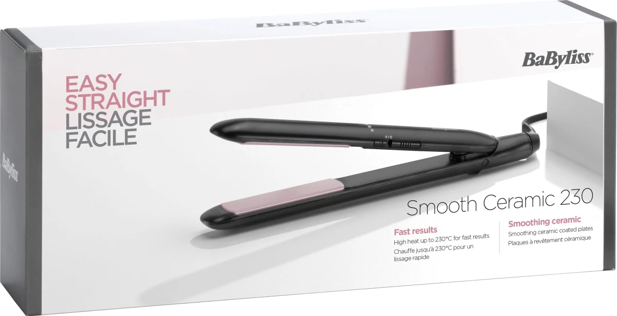 Une boîte de lisseur Babyliss avec un lisseur noir à l'intérieur.
