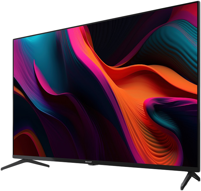 Egy nagy, lapos képernyős TV színes, absztrakt műalkotással a képernyőn és fekete kerettel.
