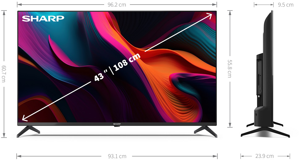 Egy 43 hüvelykes SHARP TV színes absztrakt képet jelenít meg, méretekkel és márkaadatokkal.