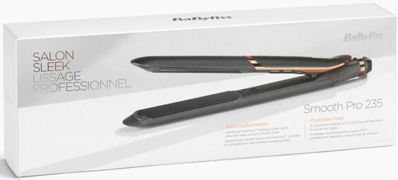 Une boîte de lisseur BaByliss. La boîte est blanche et noire.
