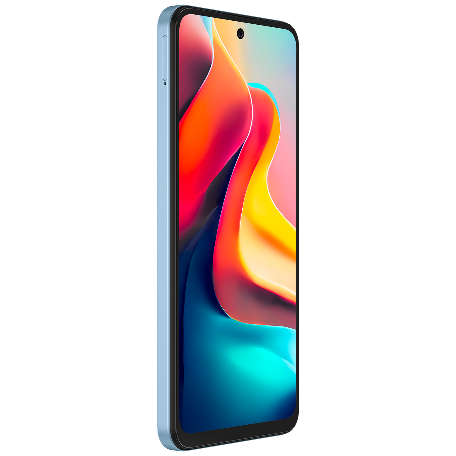 Mavi akıllı telefon, yan görünüm, ekran renkli soyut bir görüntü gösteriyor.