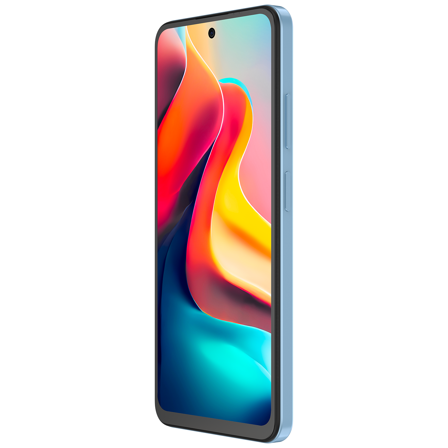 Mavi telefon, açılı görünüm. Telefonun ekranı renkli bir soyut görüntü görüntülüyor.