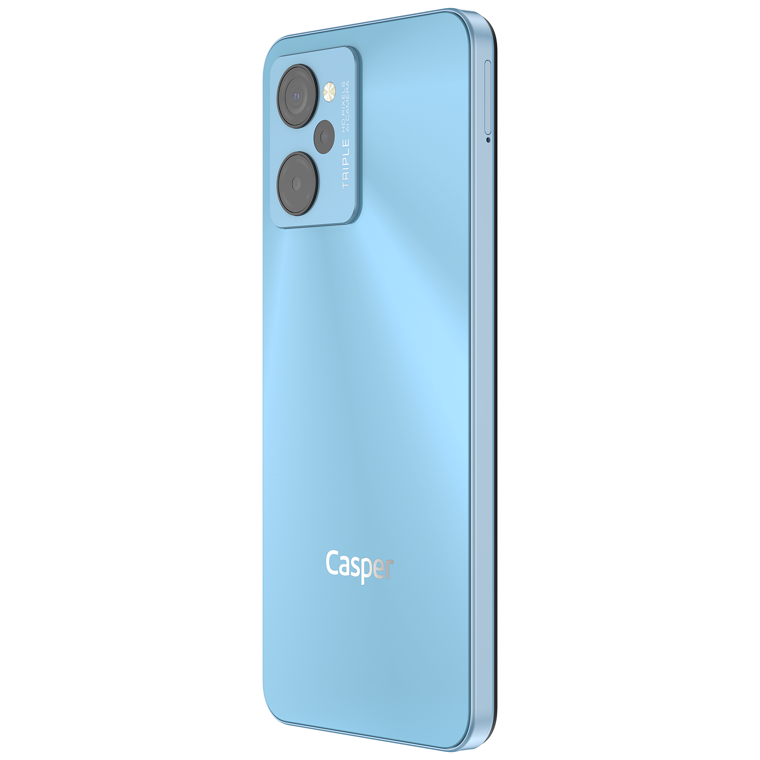 Açık mavi Casper telefon, üçlü kamera kurulumuyla arka görünüm.