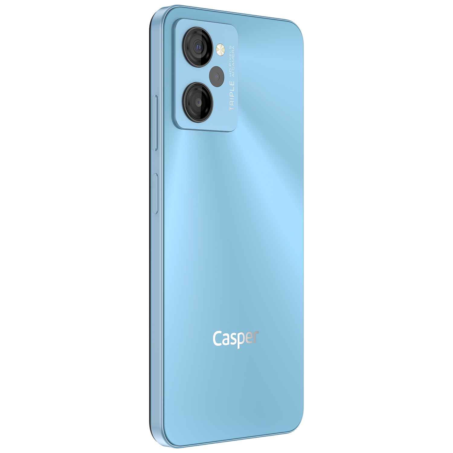 Açık mavi akıllı telefon, üçlü kamera, Casper logosu, siyah arka plan.