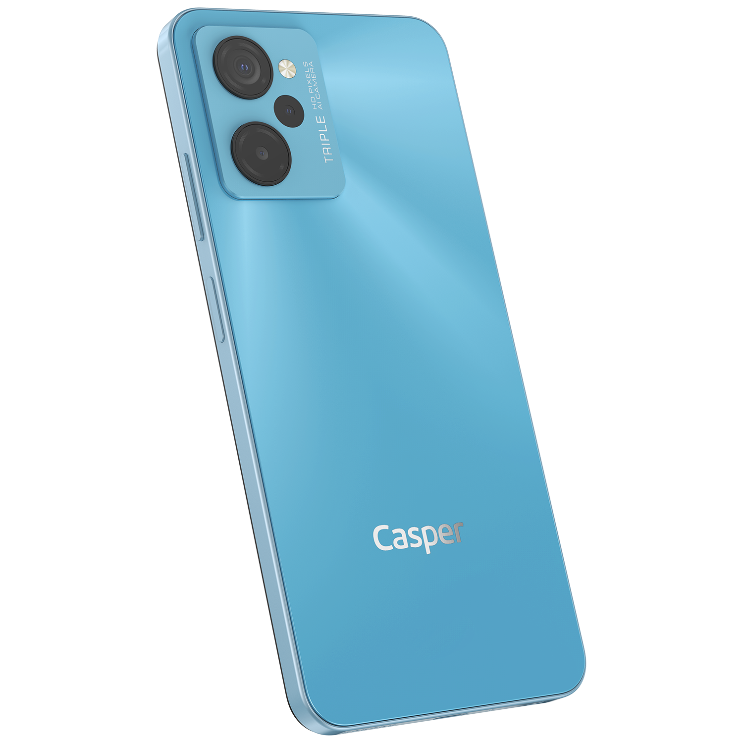 Mavi Casper telefon. Arkada üçlü kamera kurulumu. Arka kısımda Casper logosu.