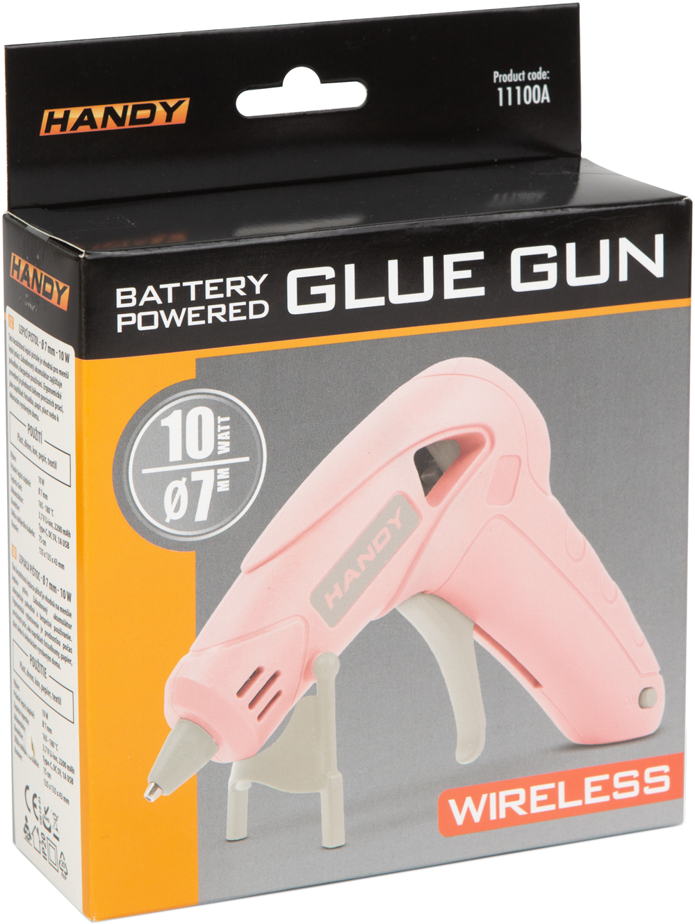 Egy rózsaszín akkumulátoros ragasztópisztoly látható a dobozával. A dobozon a „battery powered glue gun” és a „Handy” feliratok szerepelnek.