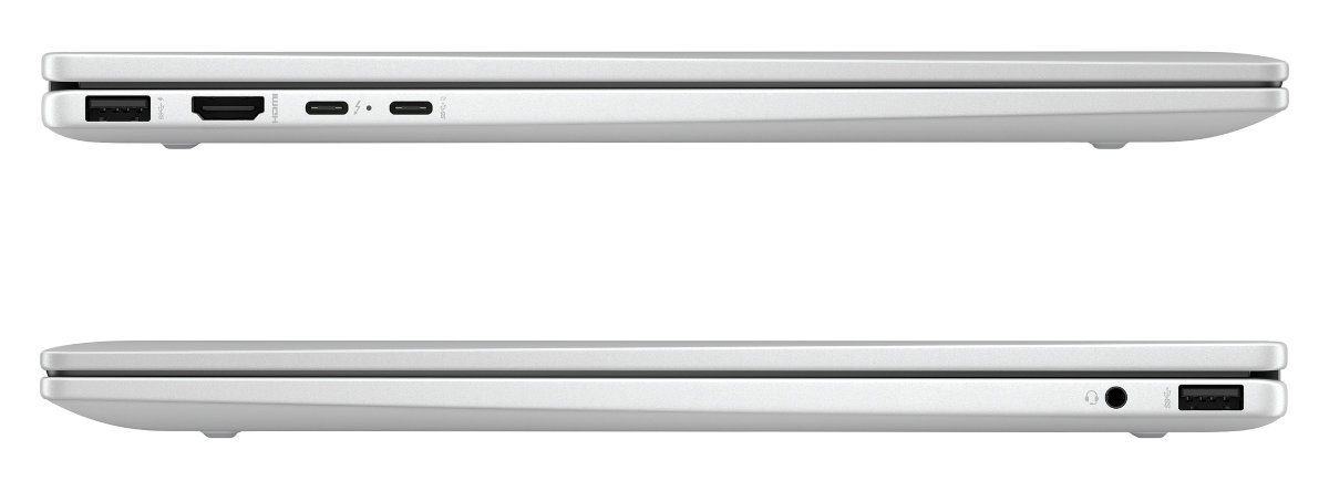 Dwa boki srebrnego laptopa. Widoczne porty.