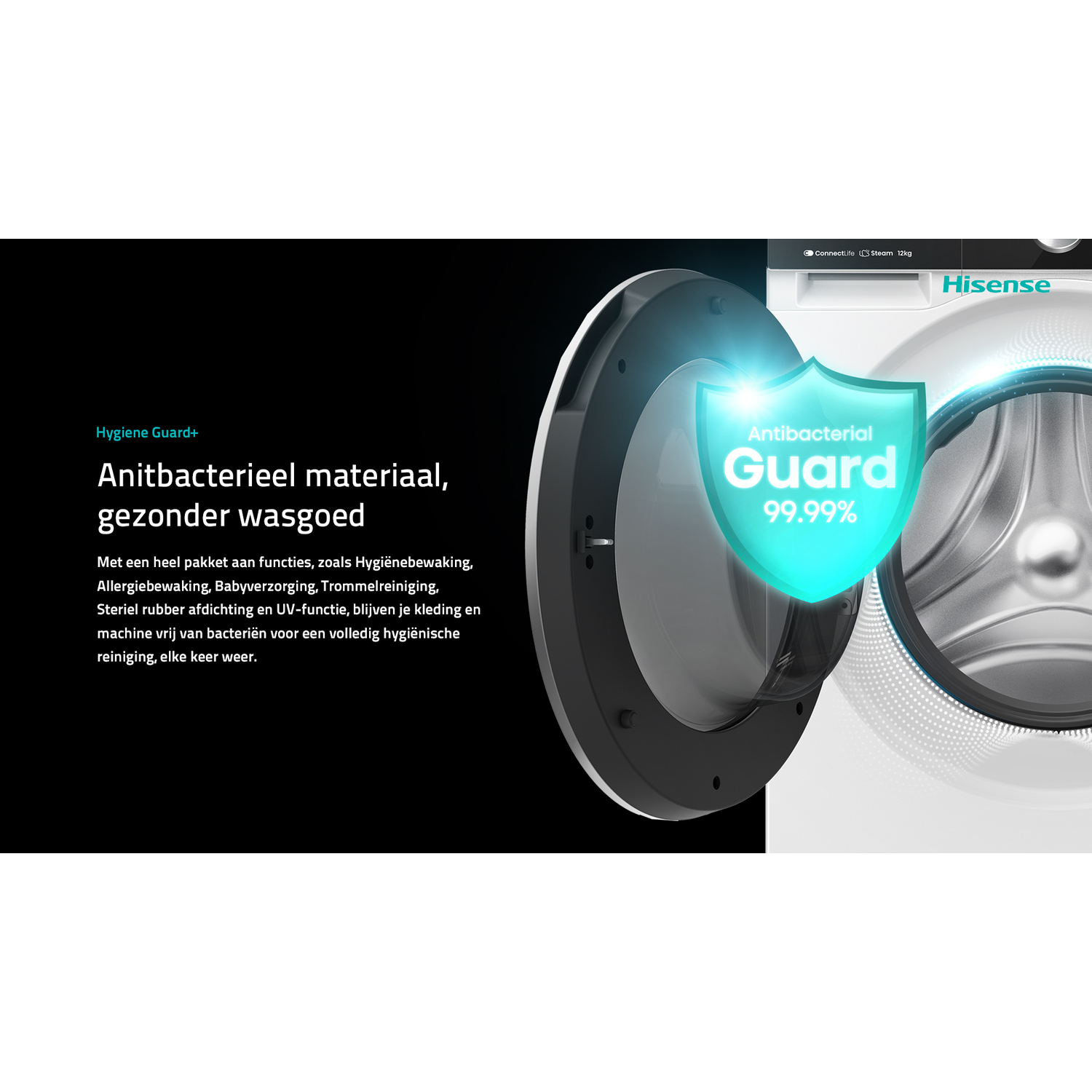 A washing machine with an antibacterial guard shield icon and text.