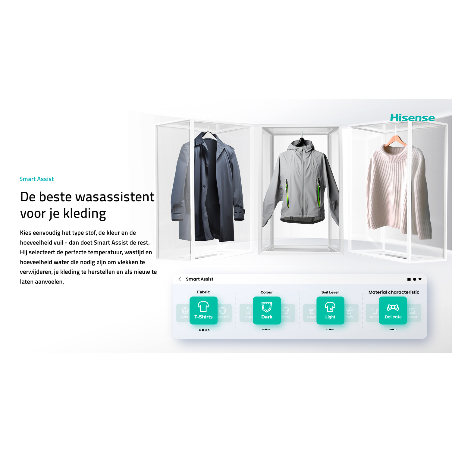 Smart Assist text with images of clothes hanging in glass boxes.