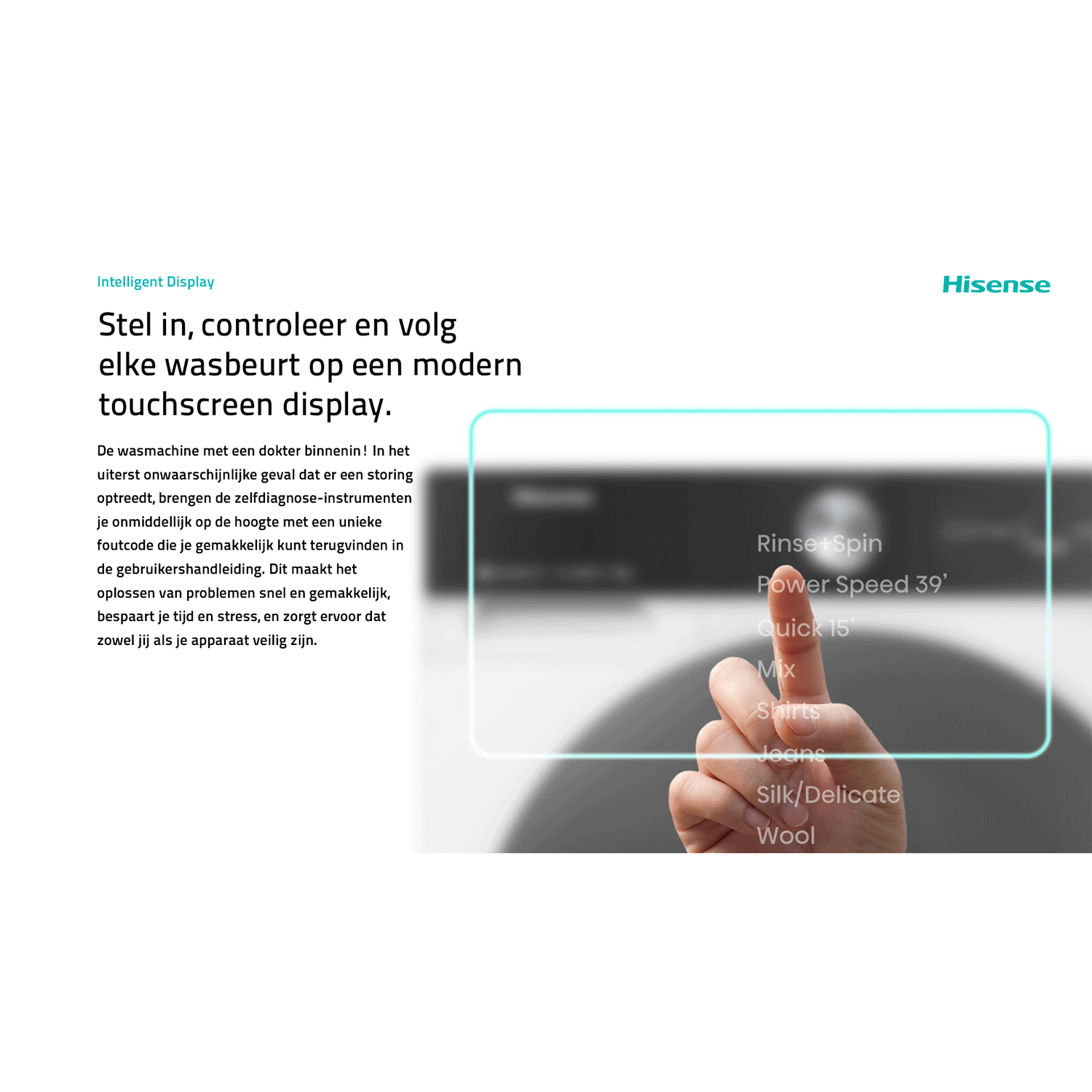 Washing machine touchscreen display. Text in Dutch. Hand touching.