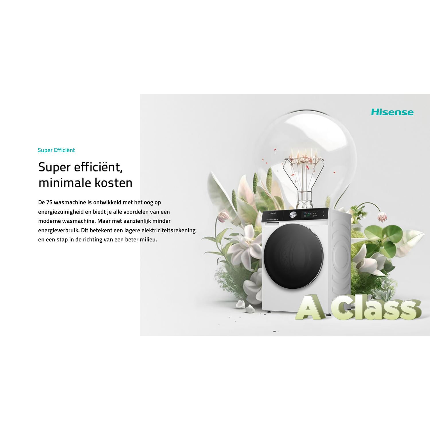 White and black Hisense washing machine with a lightbulb illustration. Text reads "Super Efficient".