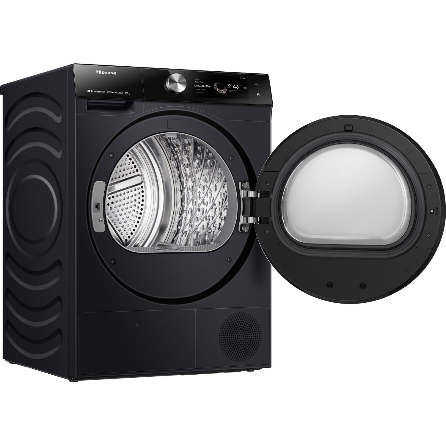 Black dryer with the door open. The dryer is Hisense brand.