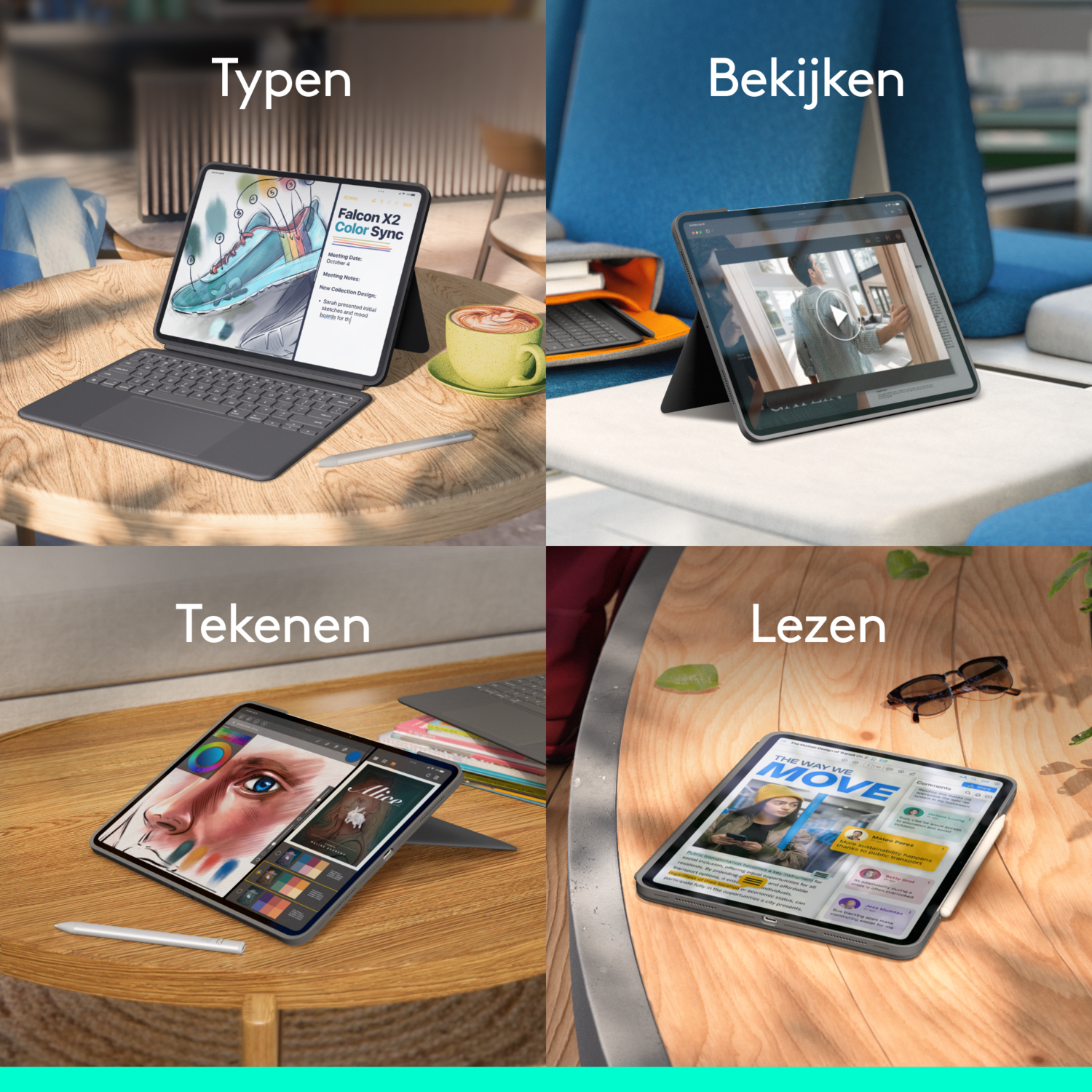 Four images showing different uses of a tablet: typing, viewing, drawing, and reading.