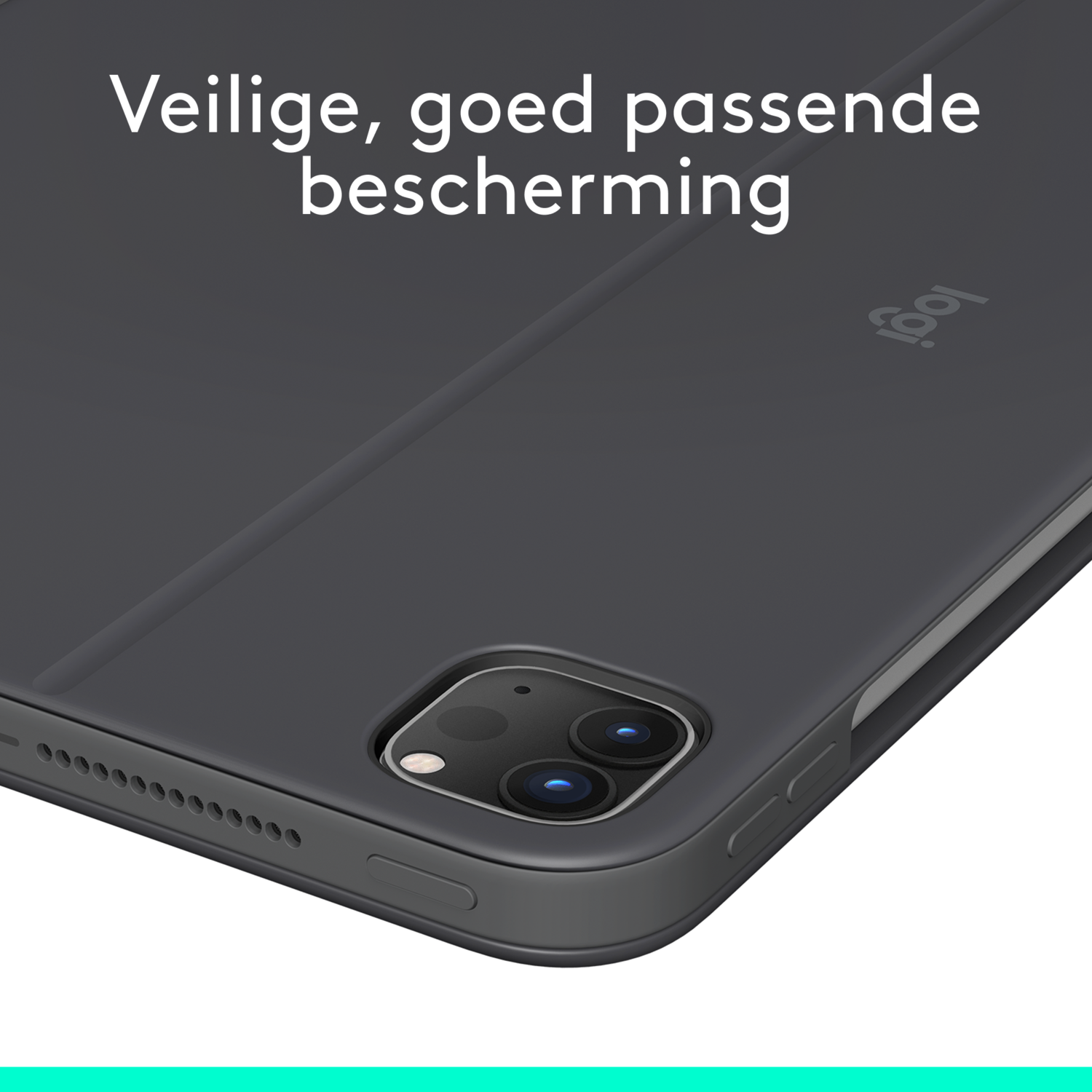 Een zwarte tablethoes met de tekst 'Veilige, goed passende bescherming' en het logo.