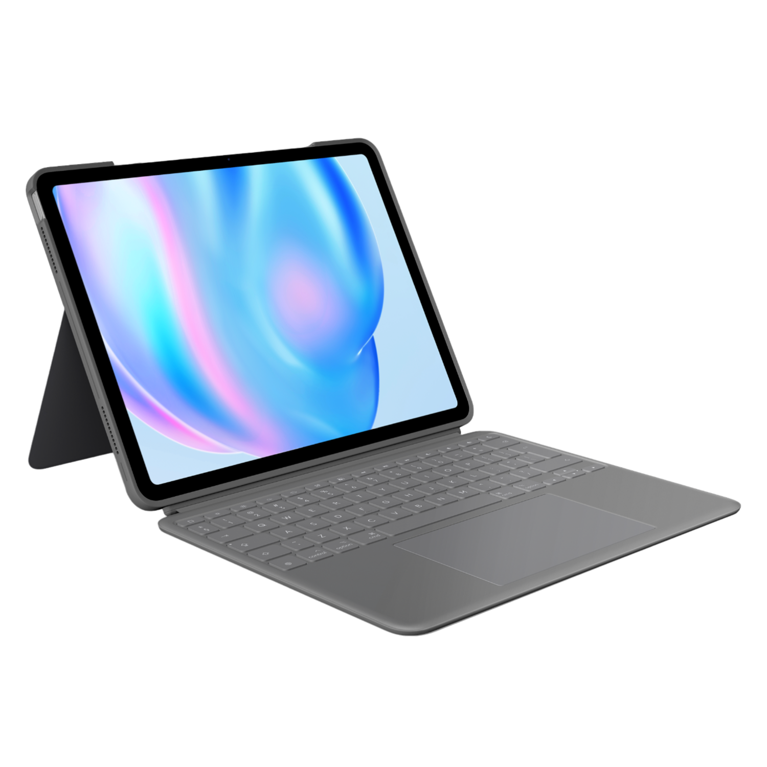 Tablet met een toetsenbordhoes, met een kleurrijk scherm.