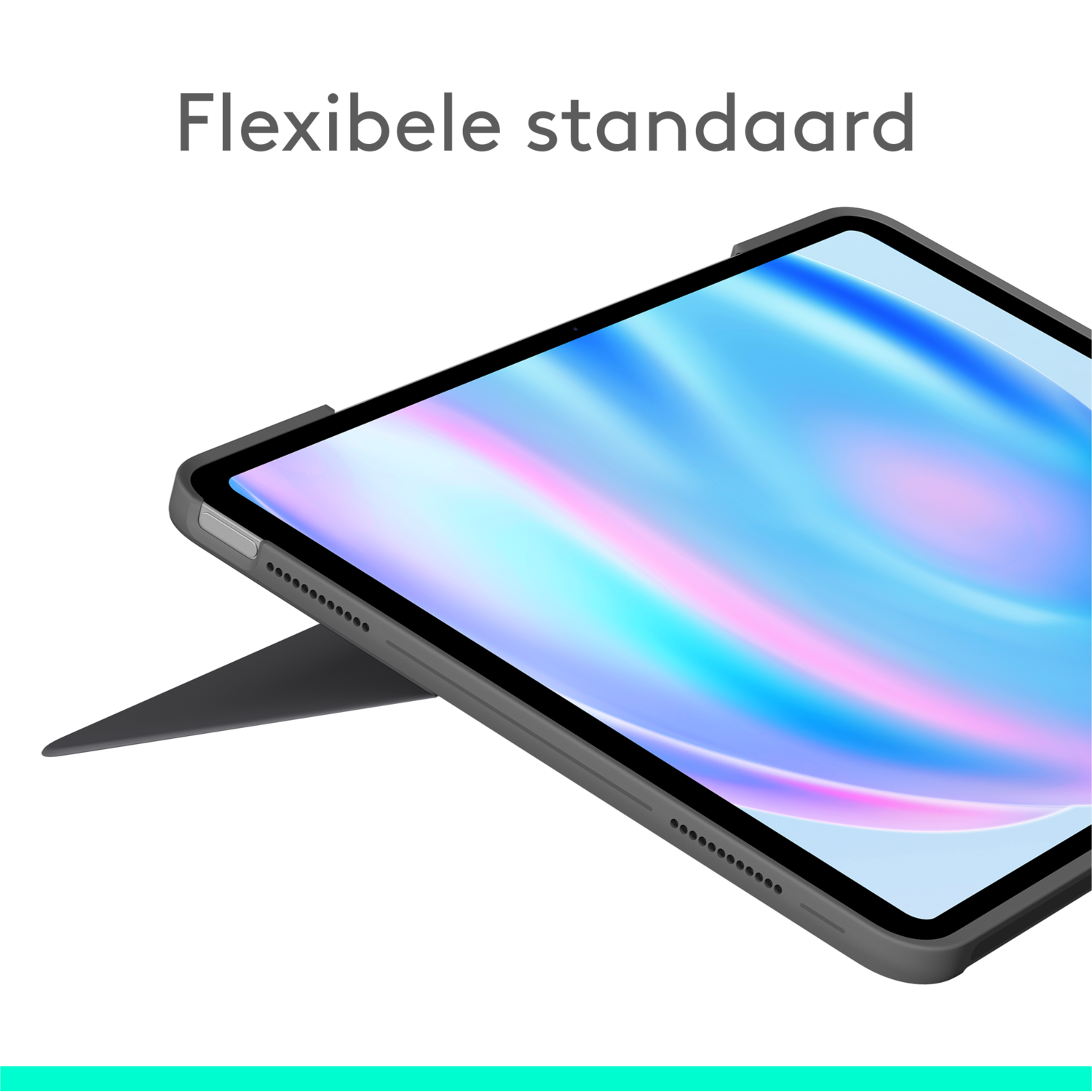 Een iPad in een hoes leunt op een standaard. De tekst "Flexibele standaard" staat bovenaan.