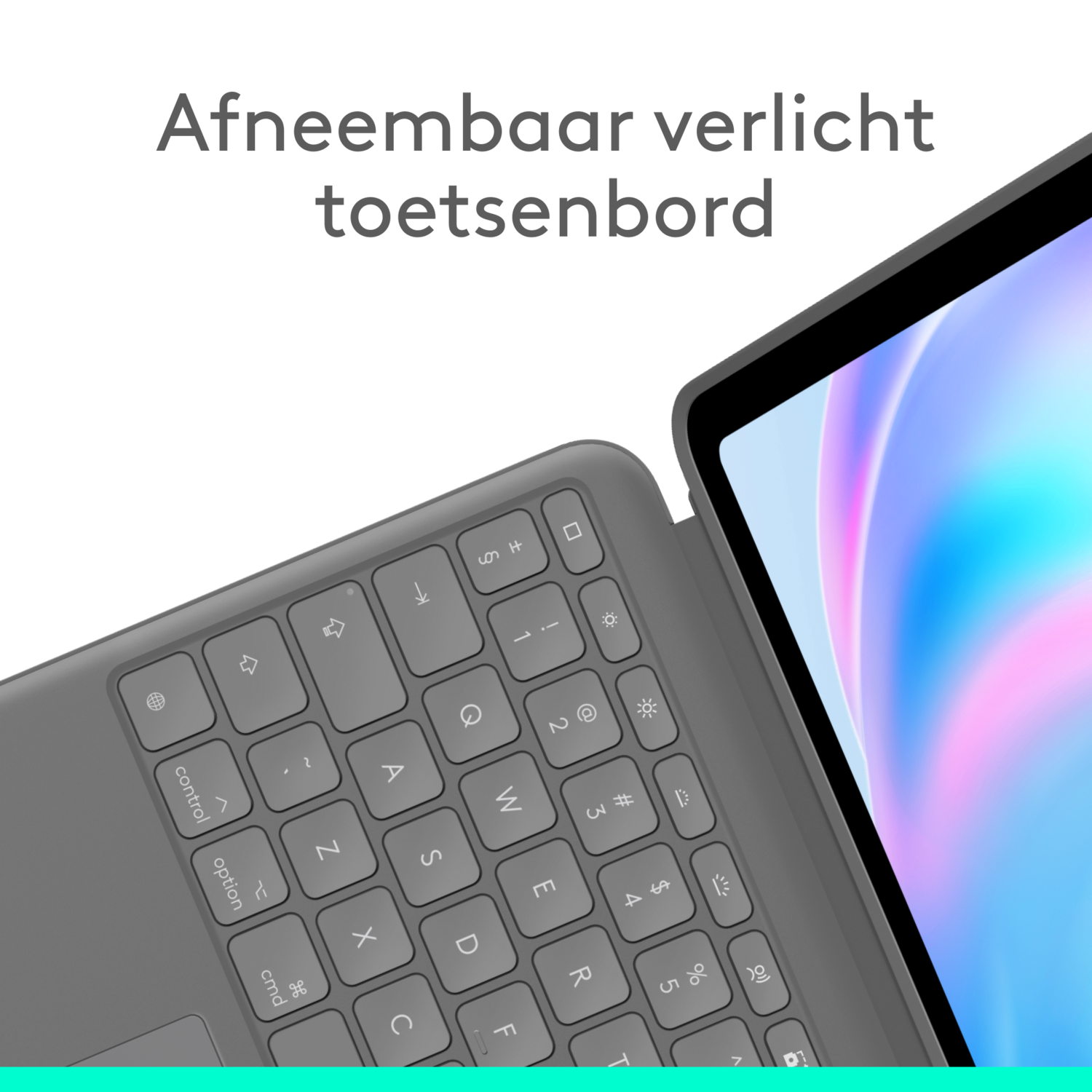 Een tablet met een afneembaar toetsenbord, met toetsen en een deel van het scherm.