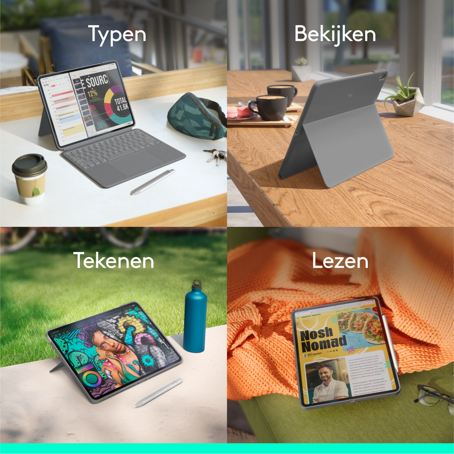 Vier afbeeldingen van een tablet in verschillende gebruiksscenario's.