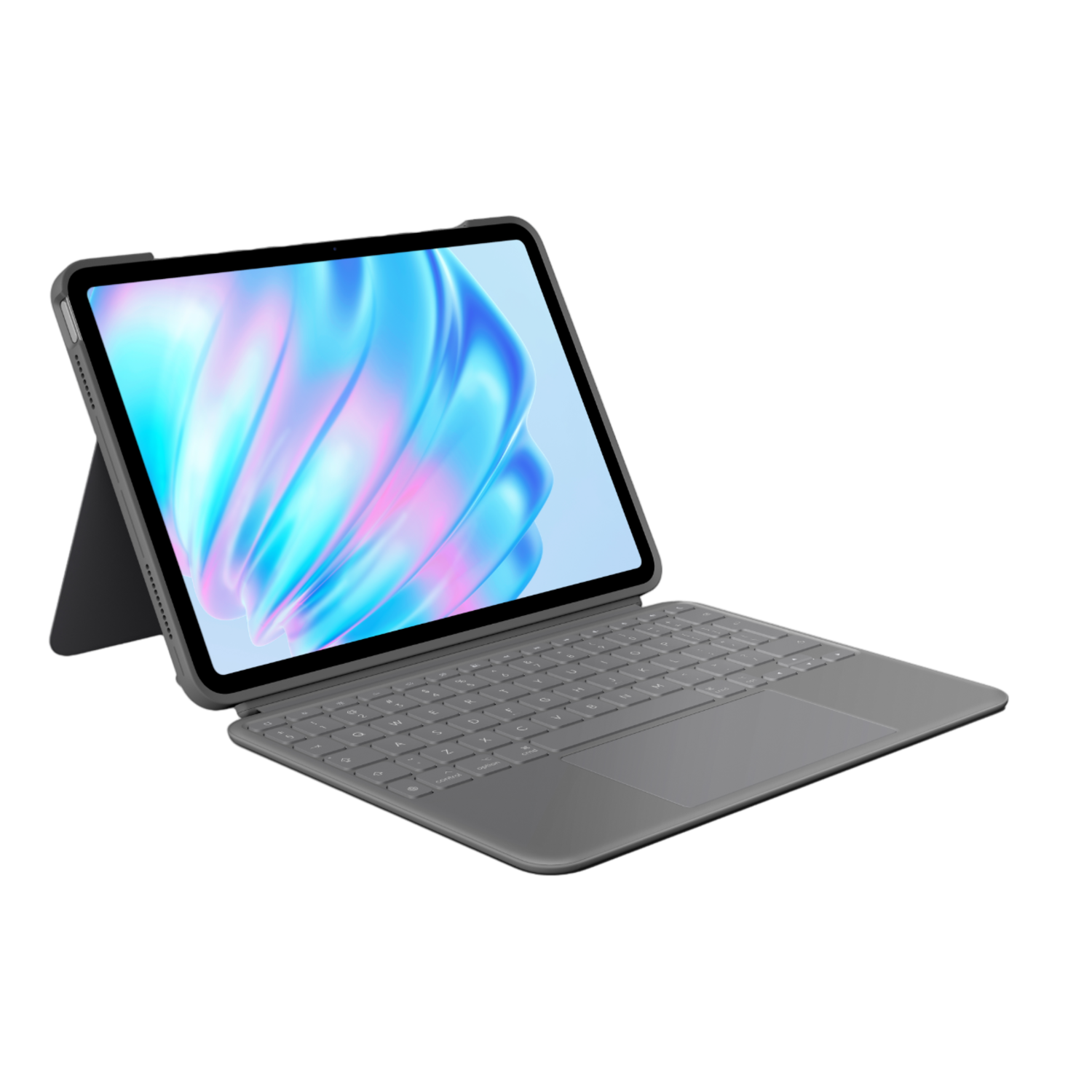 Gray tablet with keyboard case, screen showing a colorful abstract image. White background.