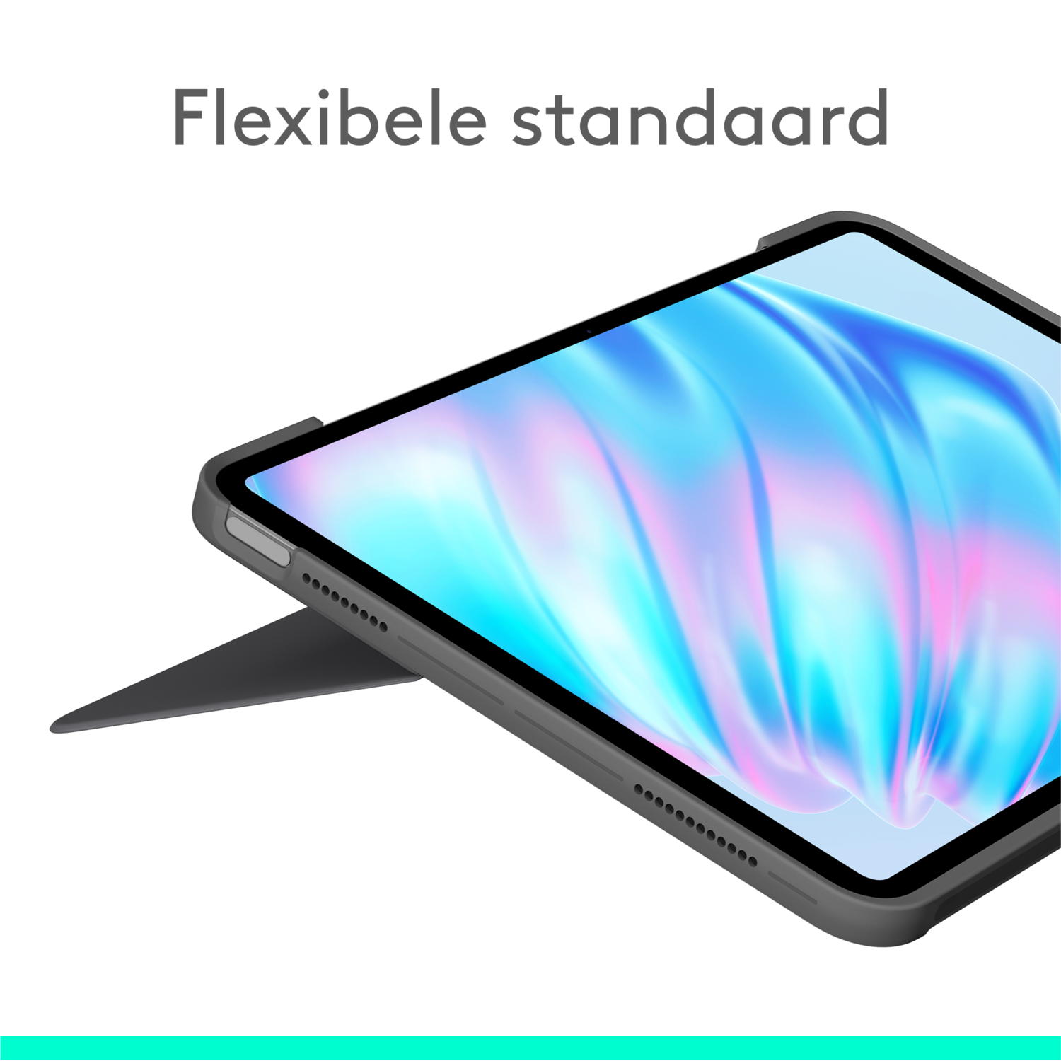 Tablet in a dark gray case with a triangular stand. The screen shows a colorful abstract design.