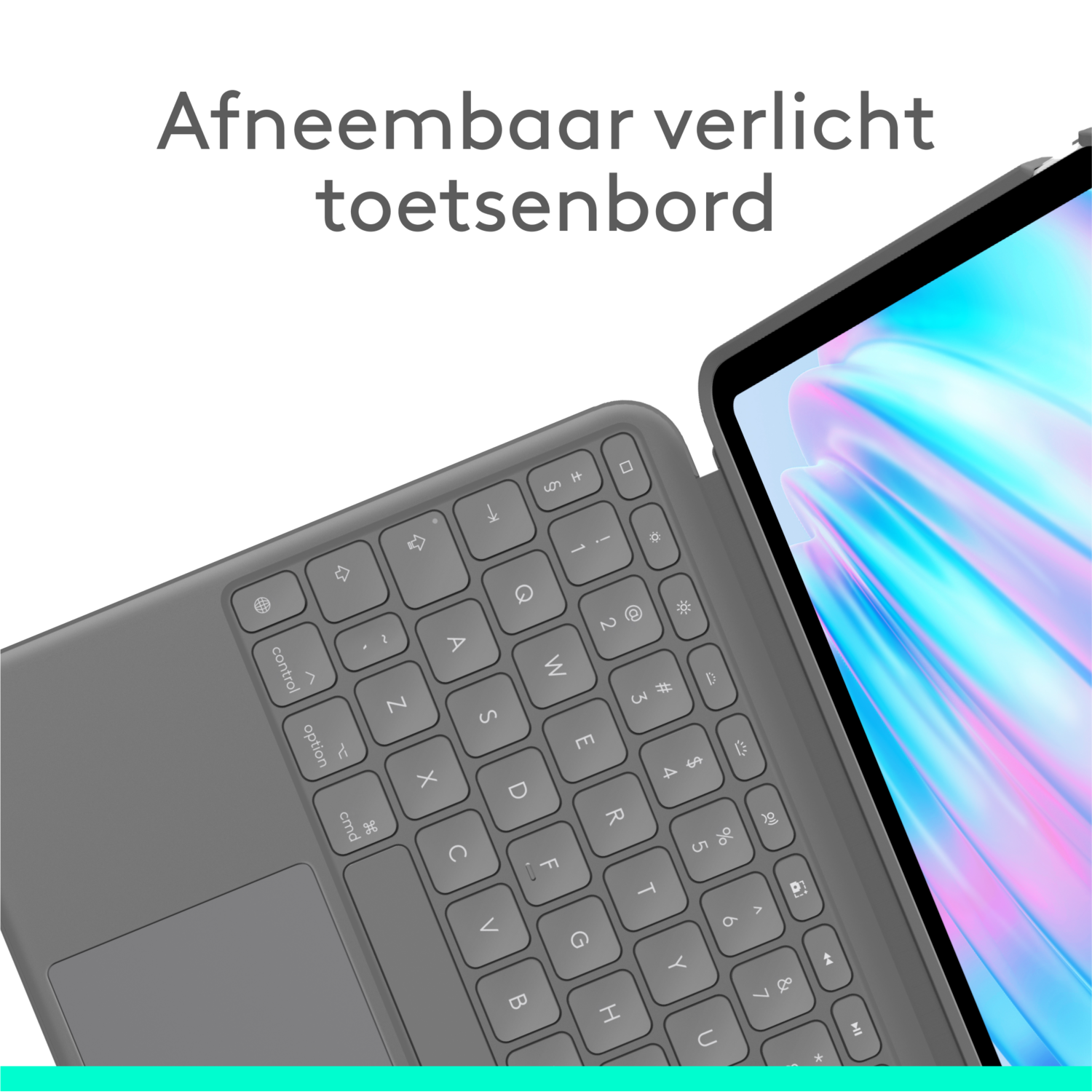 Gray keyboard with attached tablet, Dutch text, white background.