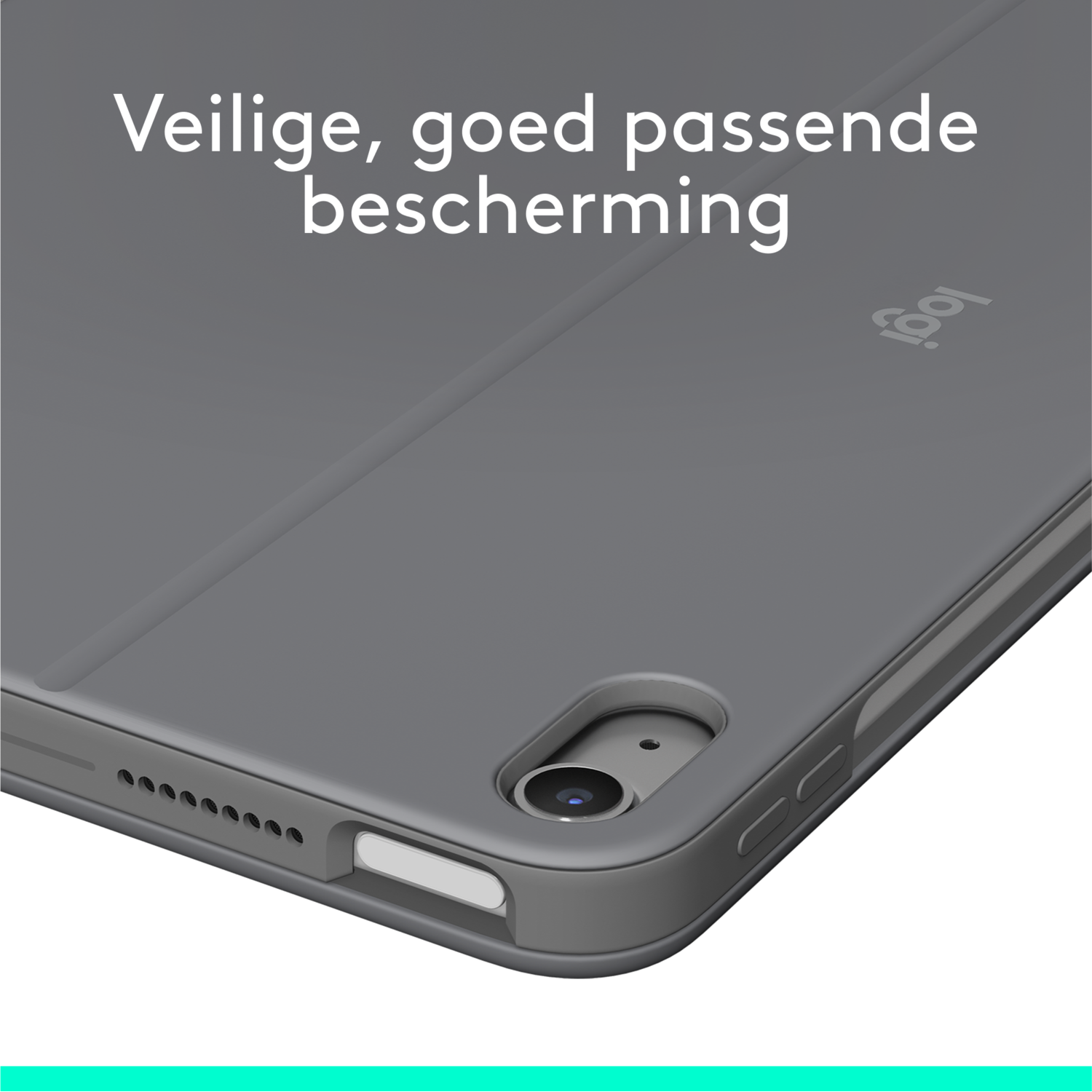 A gray tablet case with the word Logi. The case is closed.