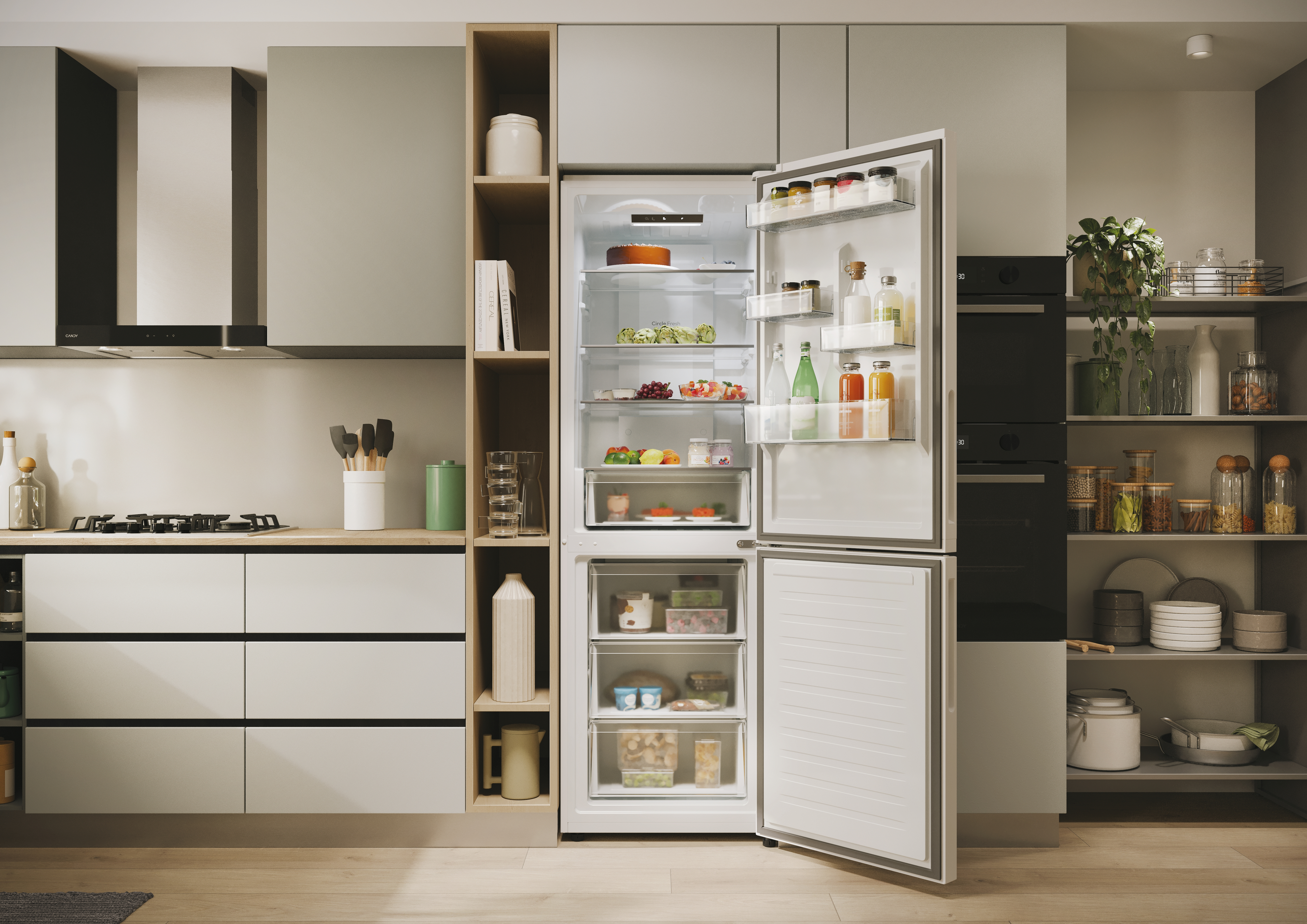 Un interior de cocina moderna con nevera, horno y armarios, con la puerta del frigorífico abierta.