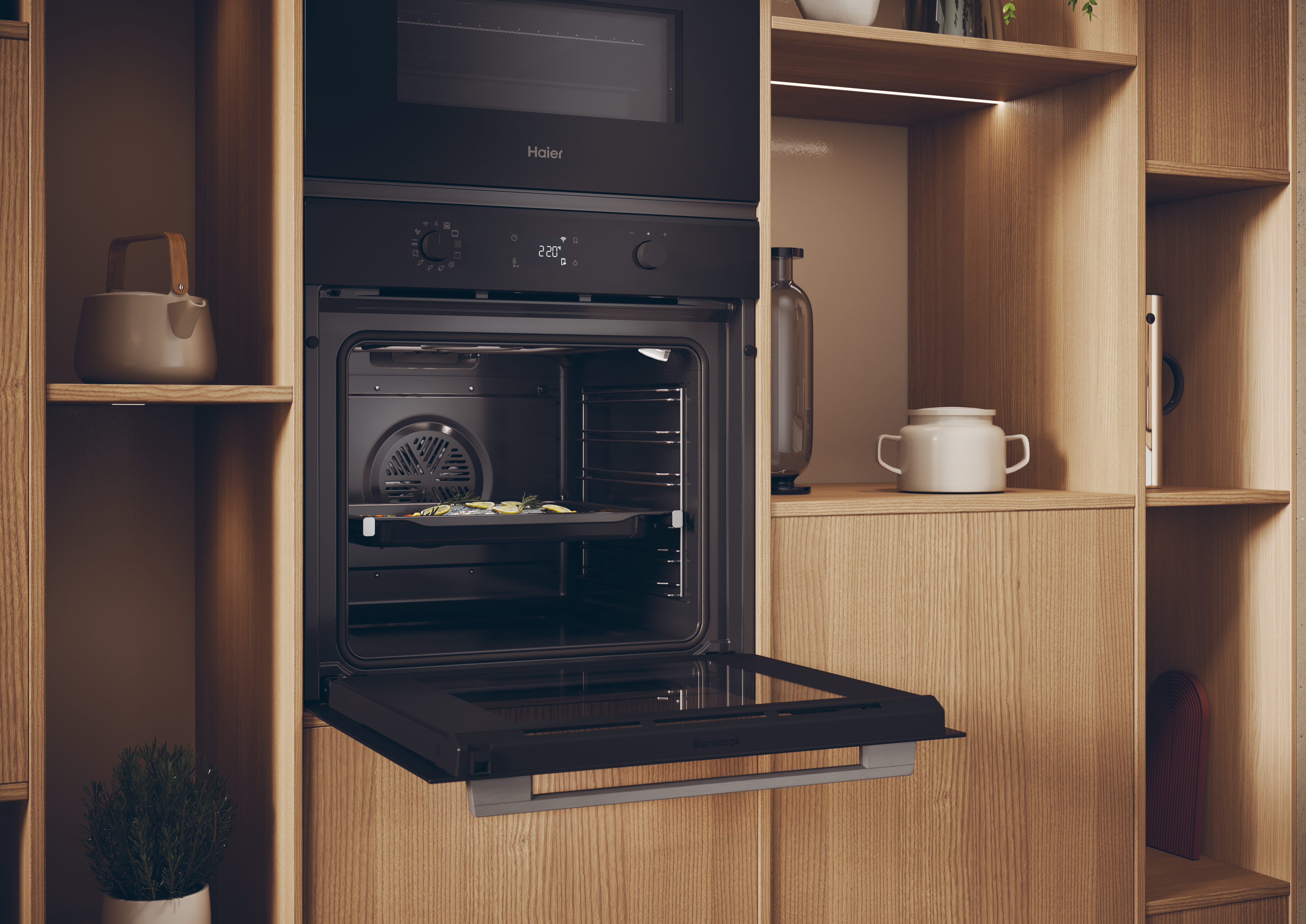 Un horno con la puerta abierta, en una cocina.