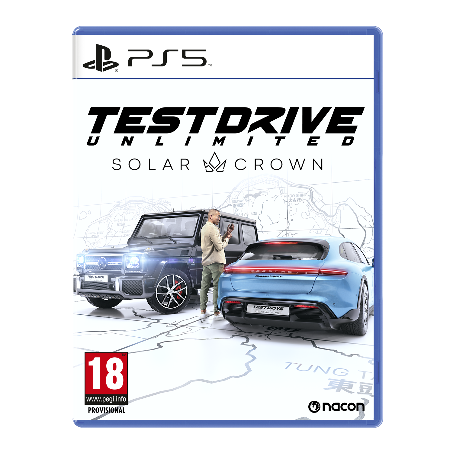 PS5-gamebox voor 'Test Drive Unlimited Solar Crown'. Een auto en een persoon staan op de afbeelding.