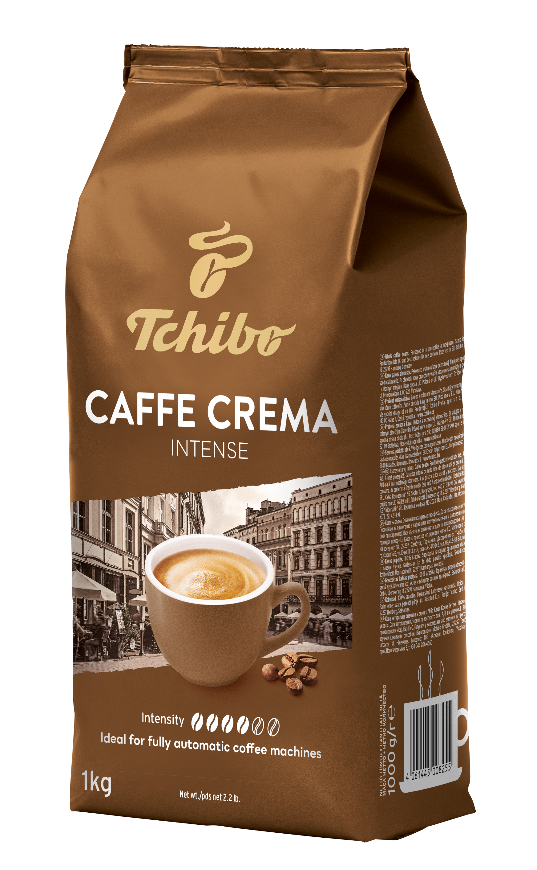 Brązowa torba kawy Tchibo Caffe Crema Intense. Ma filiżankę kawy i ziarna na przodzie.