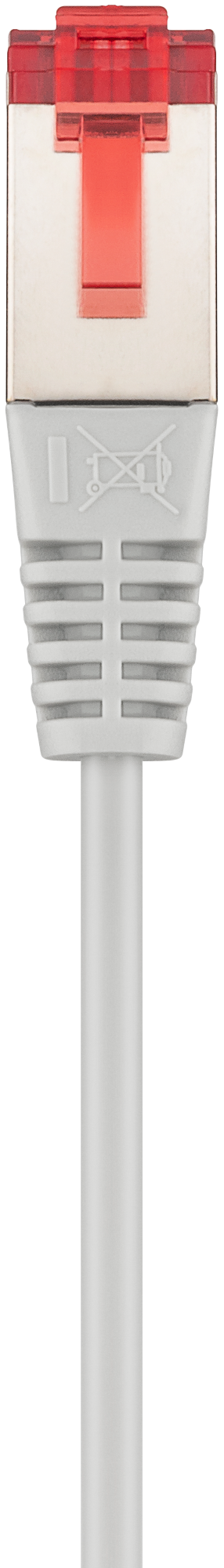 Zbliżenie złącza kabla sieciowego z czerwoną zakładką i białym kablem.