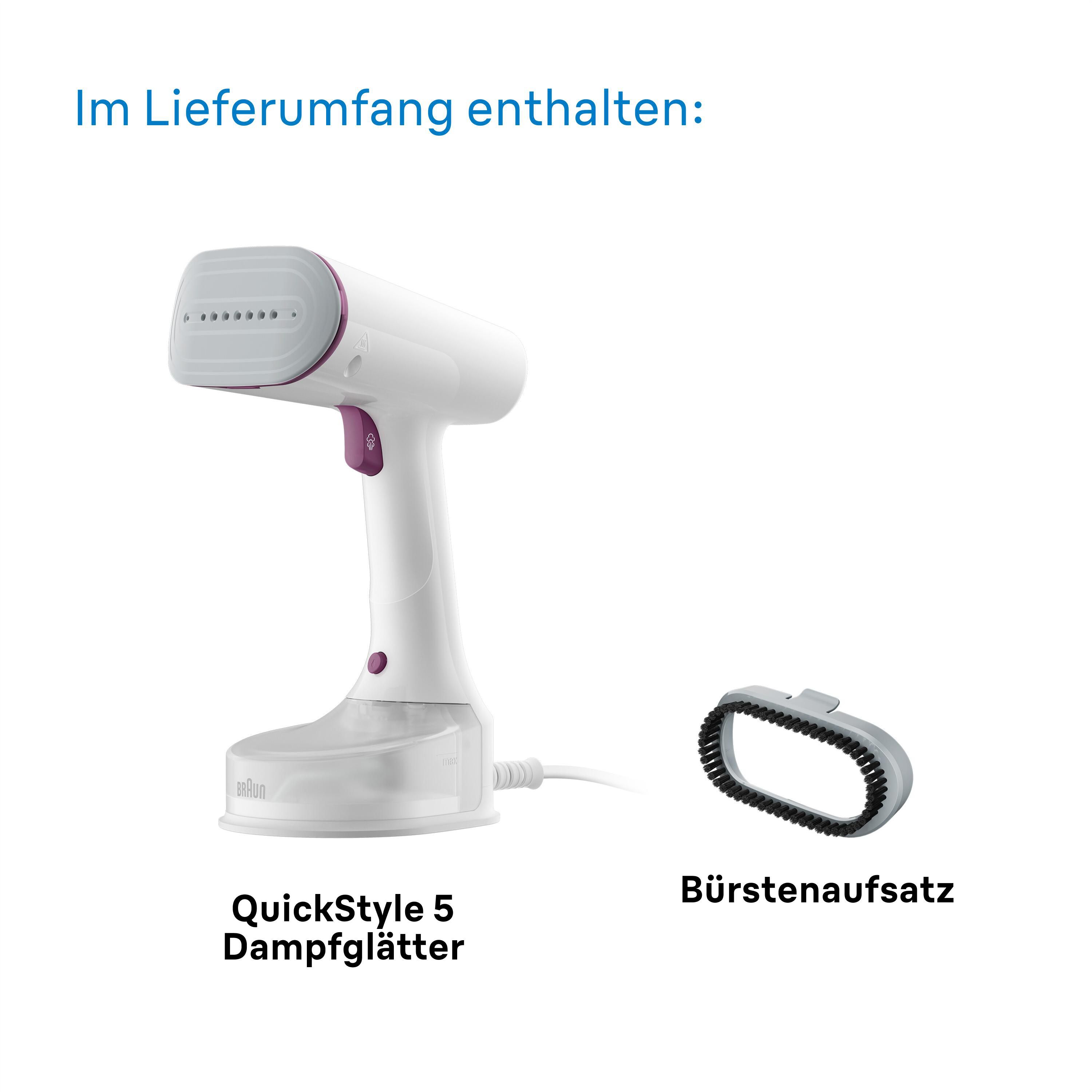 Ein weißes Dampfbügeleisen und ein Bürstenaufsatz auf weißer Oberfläche, mit Textbeschriftungen.