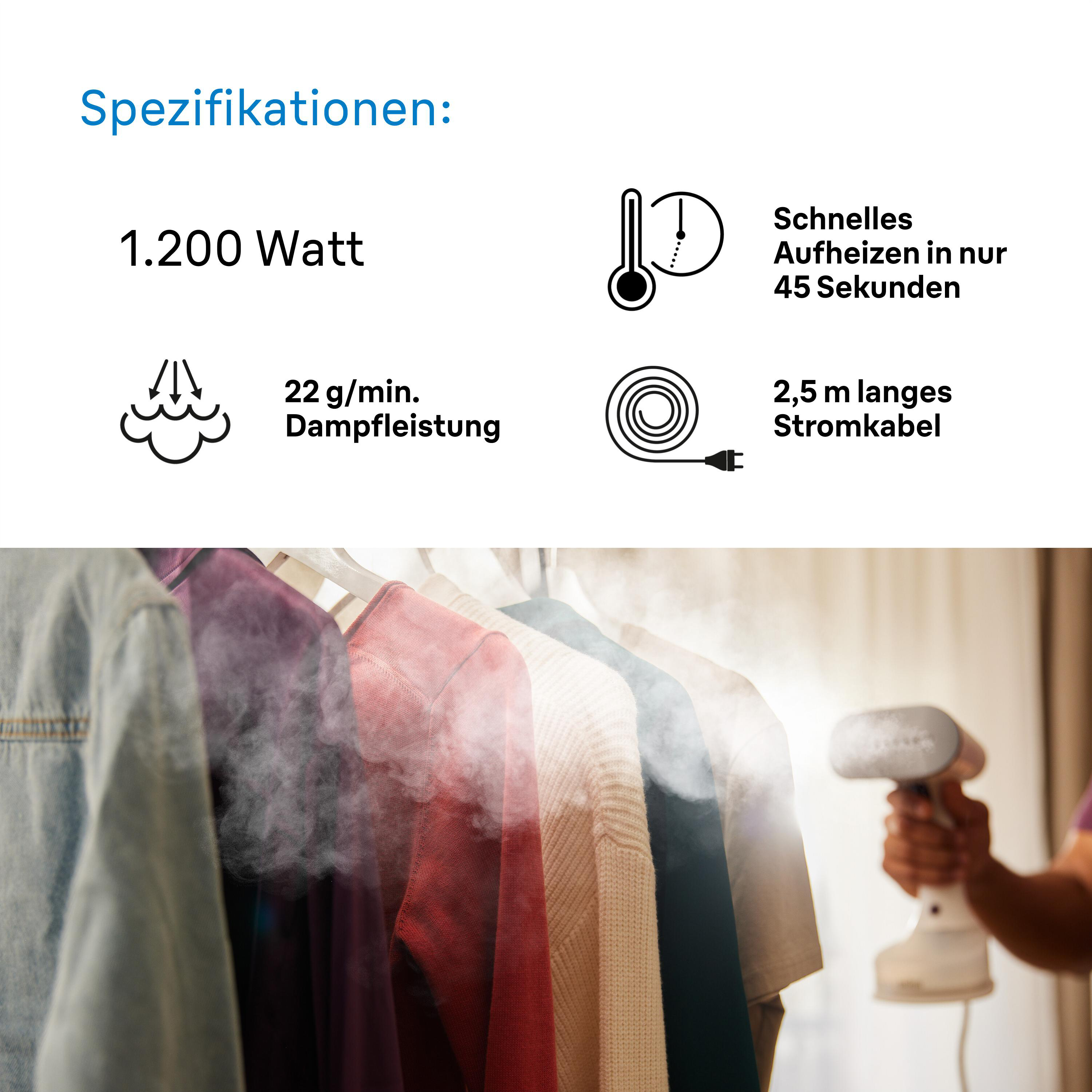 Eine Person, die Kleidung mit einem Handdampfer bedampft, mit Text zu Spezifikationen.