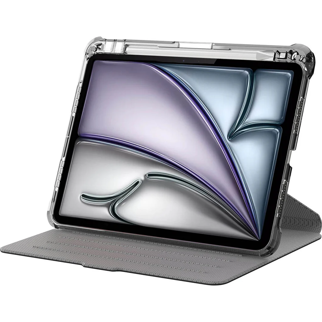 Una tableta en una funda transparente con un bolígrafo. La funda está abierta. Superficie gris.
