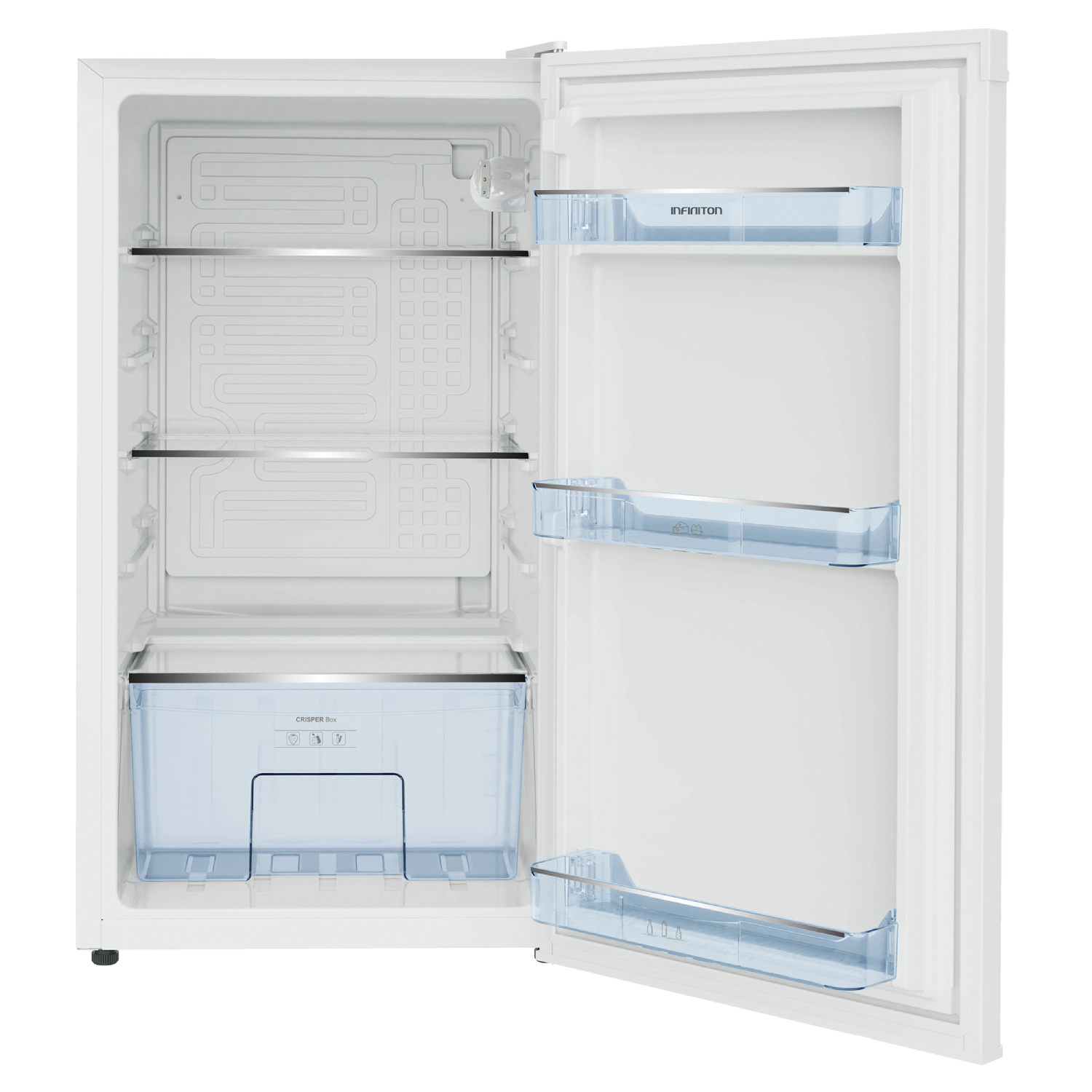 Refrigerador blanco con la puerta abierta, mostrando estantes y cajones.