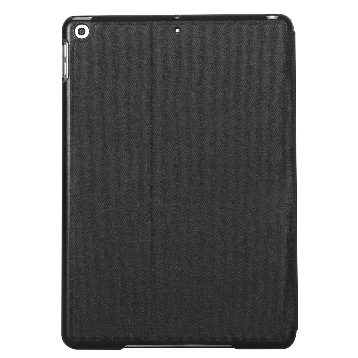 Funda de tableta negra con pantalla cubierta y agujero para cámara, sobre fondo negro.