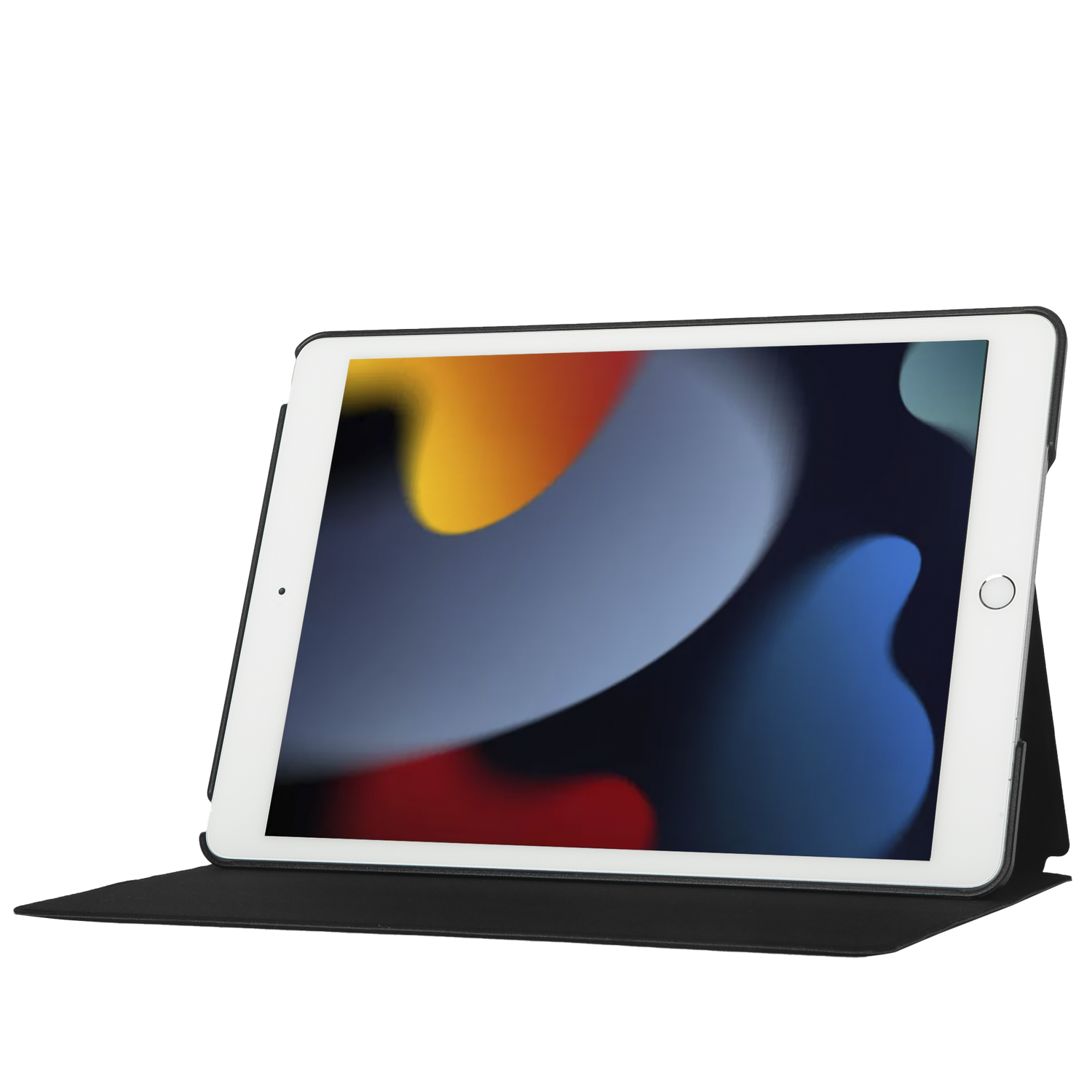 iPad blanco con funda negra sobre superficie negra. Pantalla muestra imagen abstracta colorida.