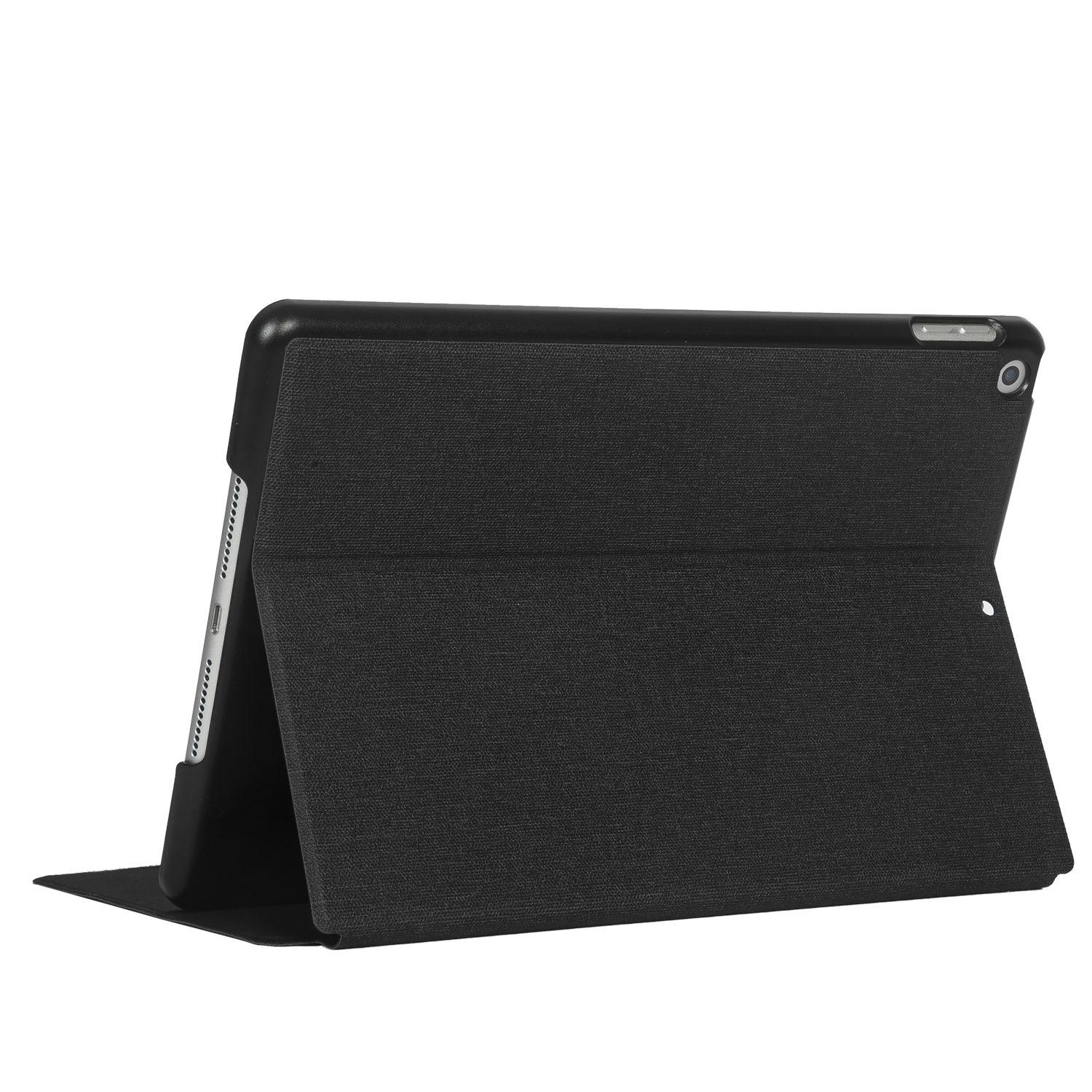 Un iPad en una funda negra con la pantalla parcialmente abierta.