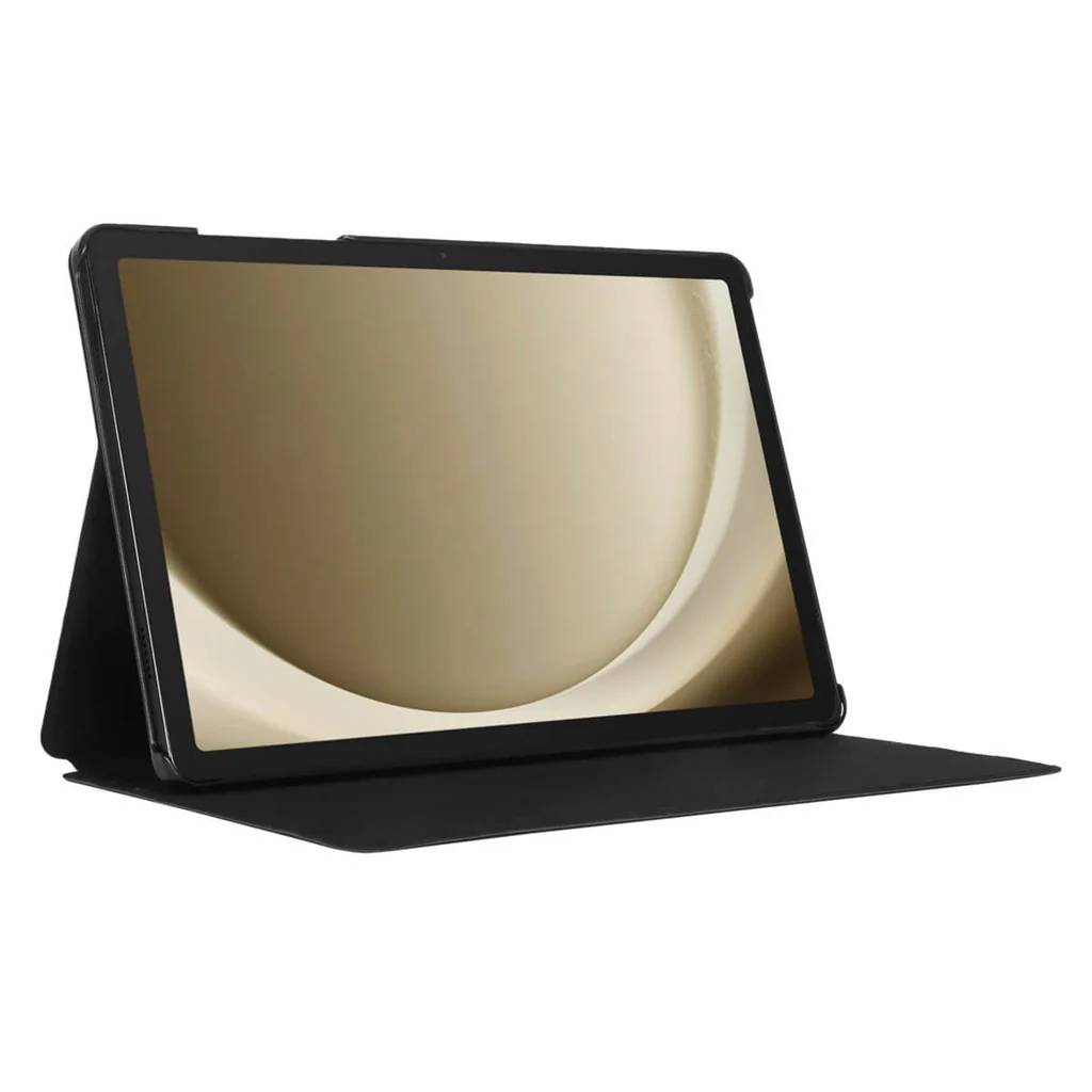 Tableta negra sobre una funda negra, la pantalla muestra un fondo dorado.